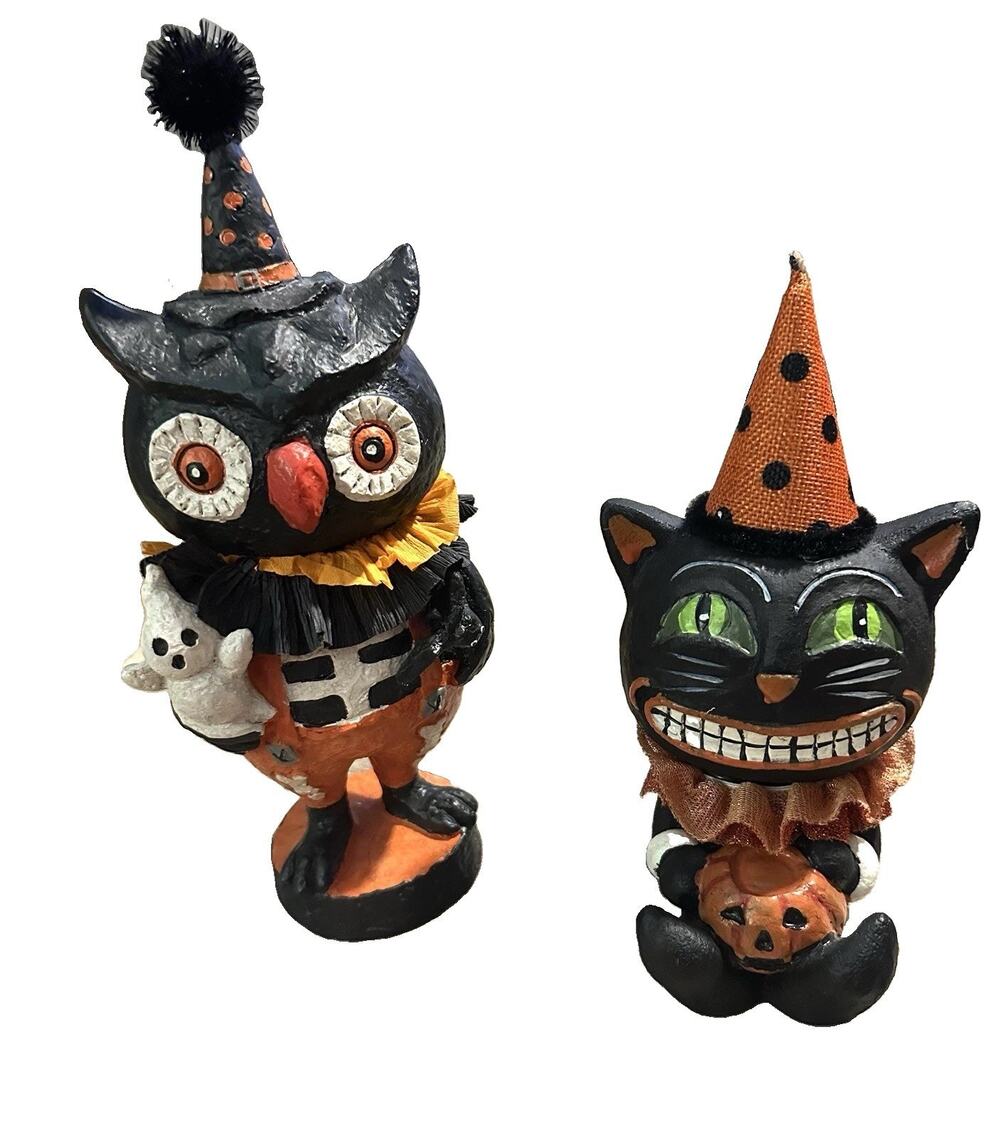 Halloween Black Cat Holding Jack-O-Lantern & Owl Figures 8” & 9” By Ashland